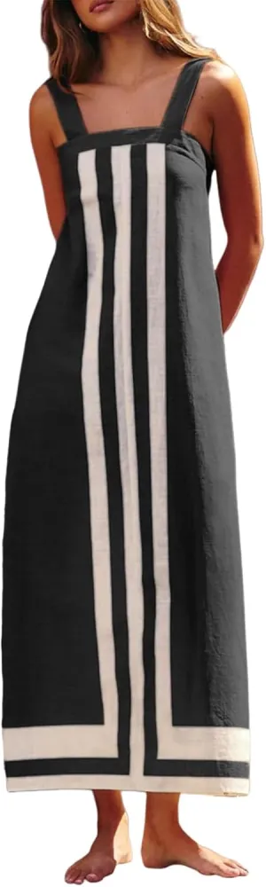 Women's Striped Mini Dress Summer Bohemian Floral Sundress Color Block Dresses Strap Beach Dress Cover Up Dresses
