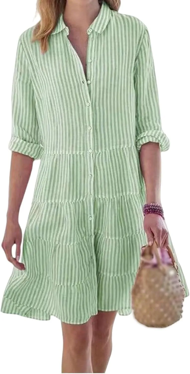 Womens Striped Shirt Dresses Summer Collared Button Down Boho Beach Cuffed Long Sleeve Mini Dress