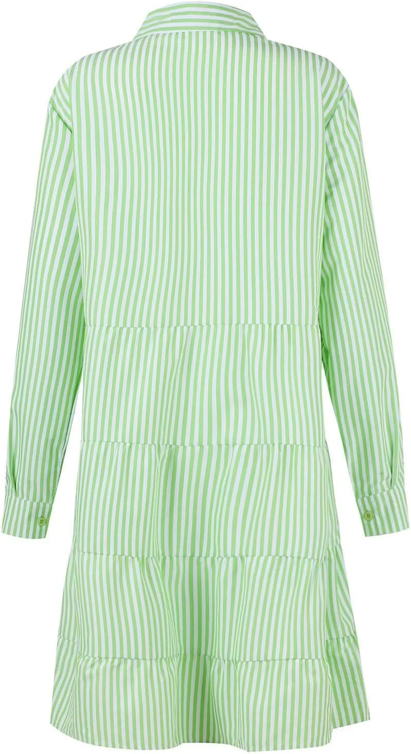 Womens Striped Shirt Dresses Summer Collared Button Down Boho Beach Cuffed Long Sleeve Mini Dress