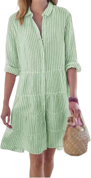Womens Striped Shirt Dresses Summer Collared Button Down Boho Beach Cuffed Long Sleeve Mini Dress