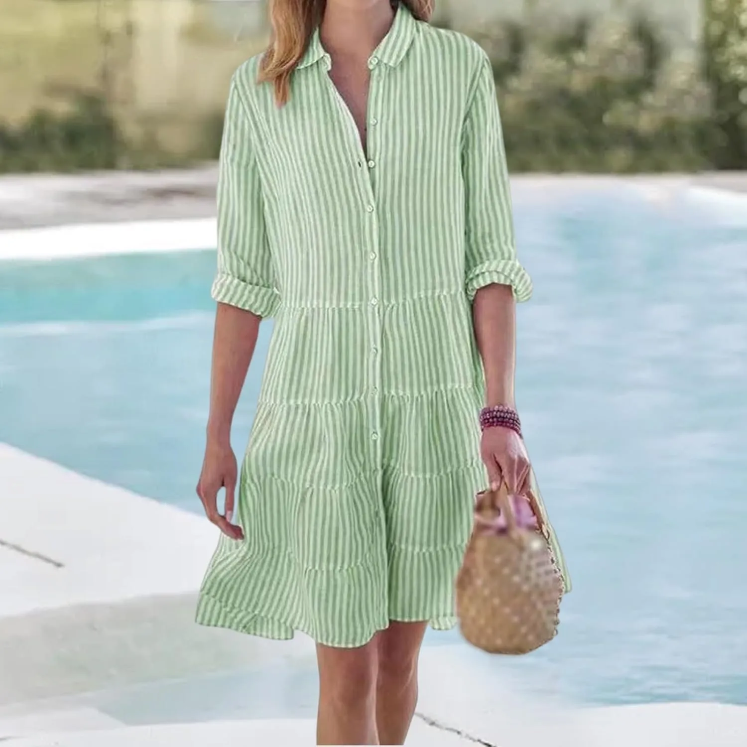 Womens Striped Shirt Dresses Summer Collared Button Down Boho Beach Cuffed Long Sleeve Mini Dress