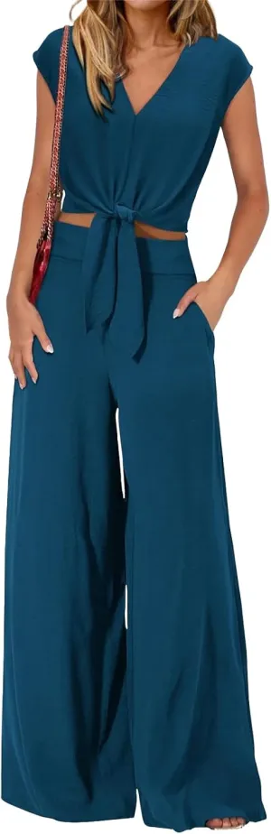 Women's Summer 2 Piece Outfits Cap Sleeve V Neck Belted Crop Tops Wide Leg Pant Sets Travel Vacation Outfits Tracksuit