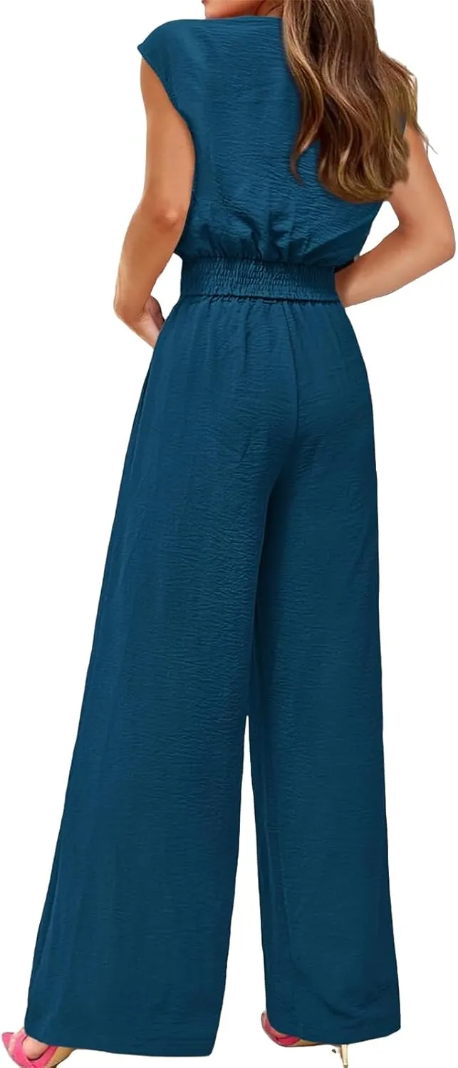 Women's Summer 2 Piece Outfits Cap Sleeve V Neck Belted Crop Tops Wide Leg Pant Sets Travel Vacation Outfits Tracksuit
