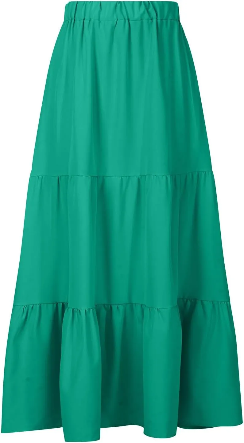Women’s Summer Boho Midi Skirt Flowy Swing Tiered A-Line Skirts with Pockets 2025 Trendy Ruffle Pleated Beach Dress