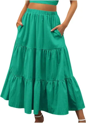 Women’s Summer Boho Midi Skirt Flowy Swing Tiered A-Line Skirts with Pockets 2025 Trendy Ruffle Pleated Beach Dress