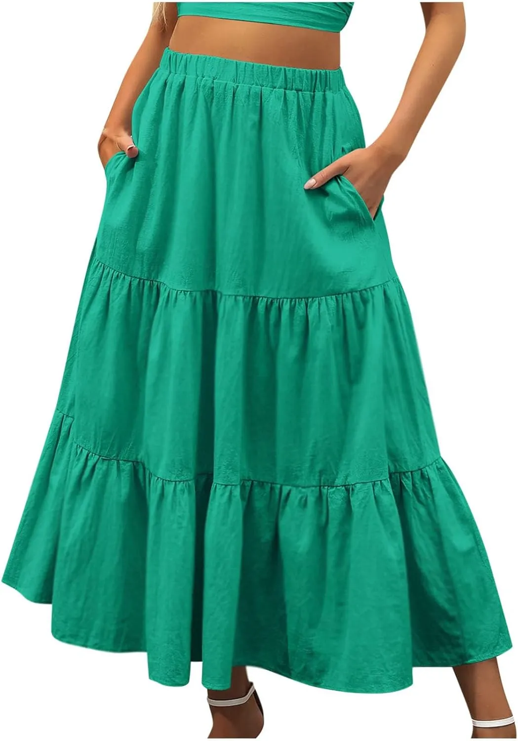 Women’s Summer Boho Midi Skirt Flowy Swing Tiered A-Line Skirts with Pockets 2025 Trendy Ruffle Pleated Beach Dress