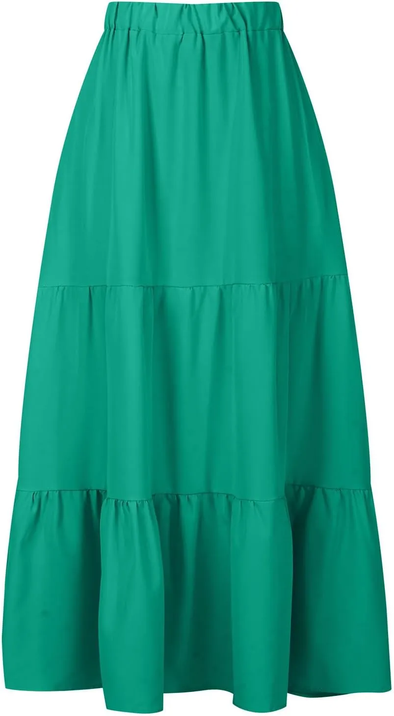 Women’s Summer Boho Midi Skirt Flowy Swing Tiered A-Line Skirts with Pockets 2025 Trendy Ruffle Pleated Beach Dress