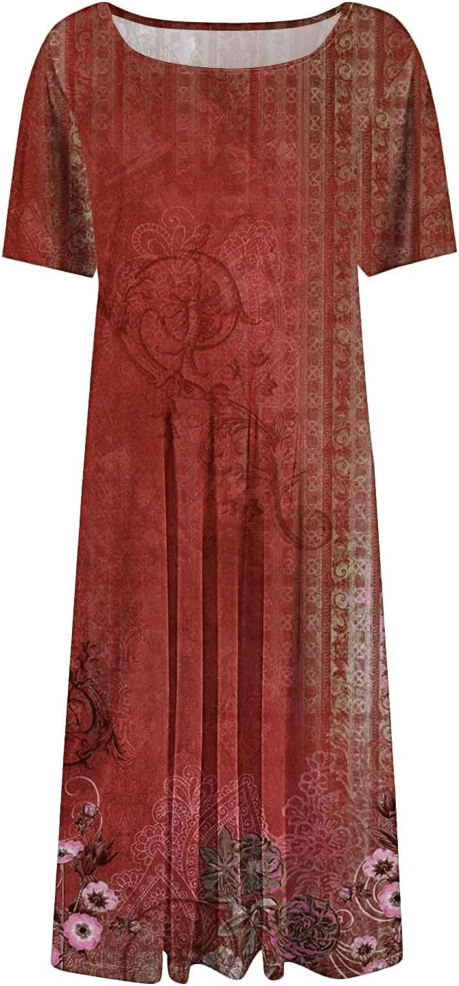 Women's Summer Casual Dress Midi Short Sleeve Round Neck Dresses Elegant Pleated with Side V Neck A-Line Midi Dress
