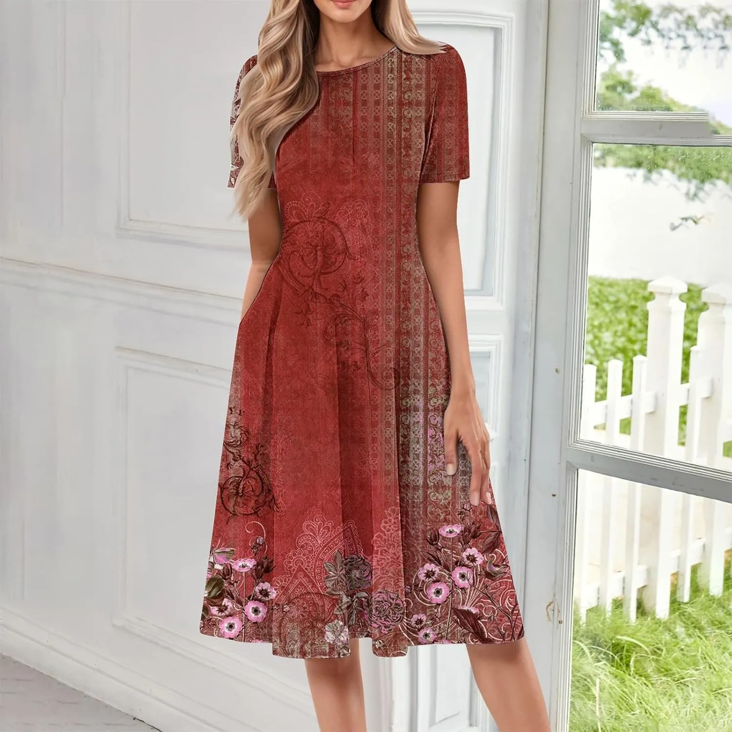 Women's Summer Casual Dress Midi Short Sleeve Round Neck Dresses Elegant Pleated with Side V Neck A-Line Midi Dress