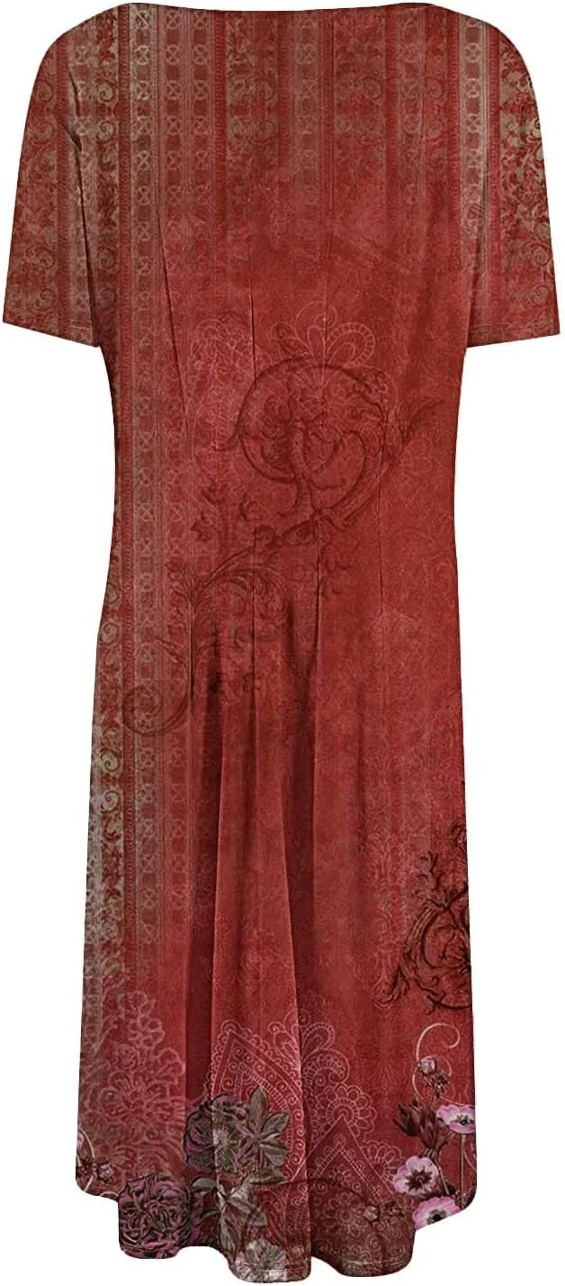 Women's Summer Casual Dress Midi Short Sleeve Round Neck Dresses Elegant Pleated with Side V Neck A-Line Midi Dress