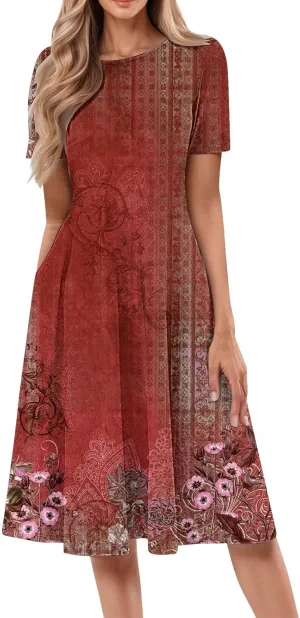 Women's Summer Casual Dress Midi Short Sleeve Round Neck Dresses Elegant Pleated with Side V Neck A-Line Midi Dress