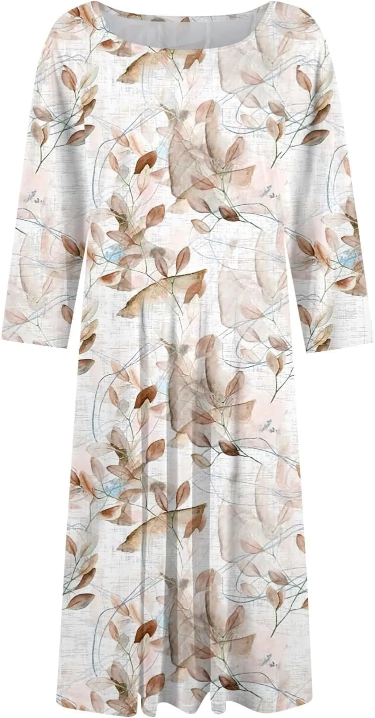 Women's Summer Casual Loose Trendy Crew Neck 3/4 Sleeve Floral Stripe Printed Boho Dress 2025 Plus Size, S-3XL