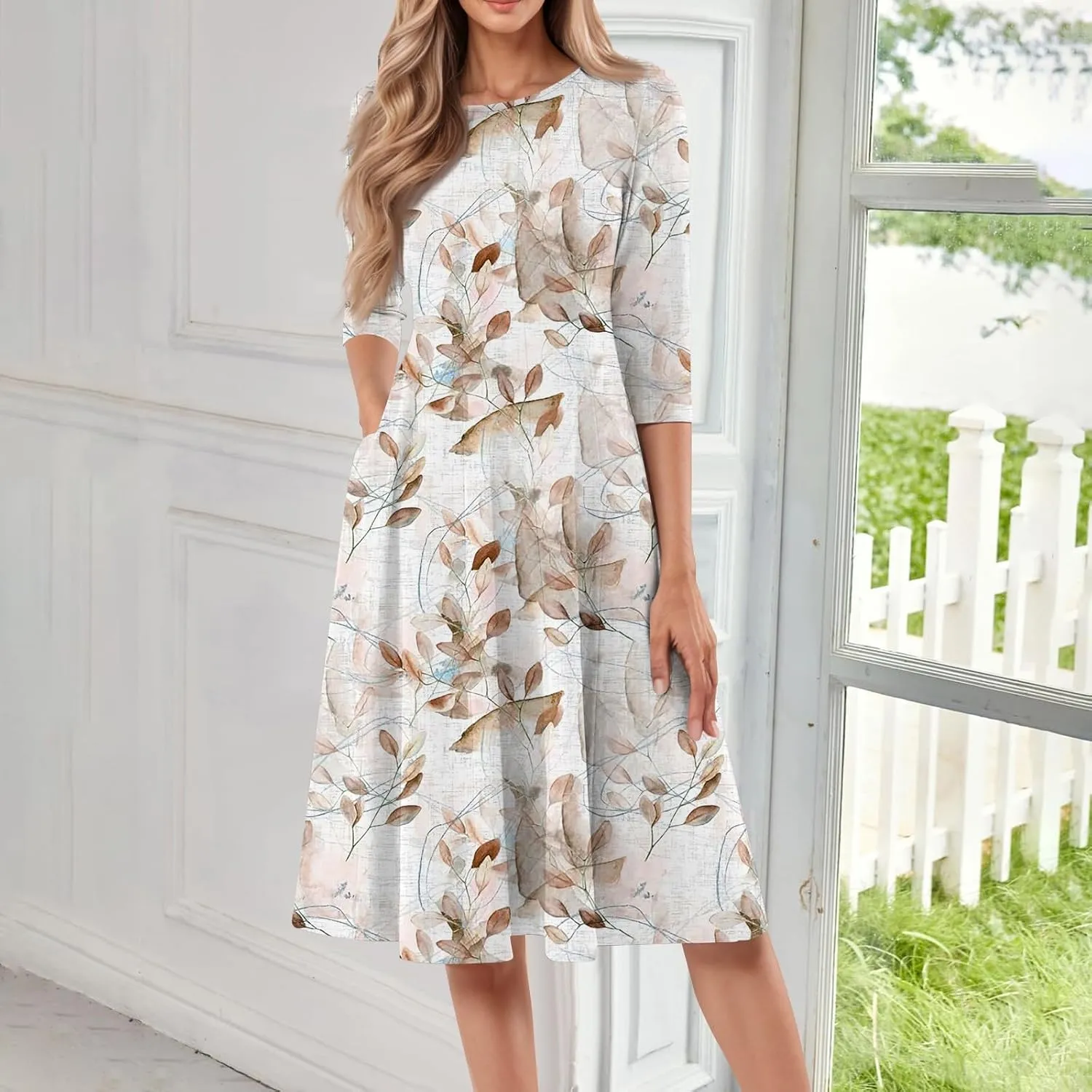 Women's Summer Casual Loose Trendy Crew Neck 3/4 Sleeve Floral Stripe Printed Boho Dress 2025 Plus Size, S-3XL