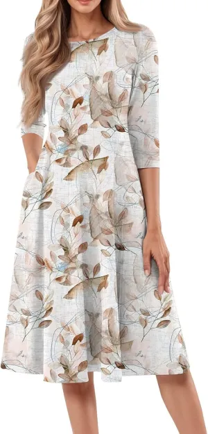 Women's Summer Casual Loose Trendy Crew Neck 3/4 Sleeve Floral Stripe Printed Boho Dress 2025 Plus Size, S-3XL
