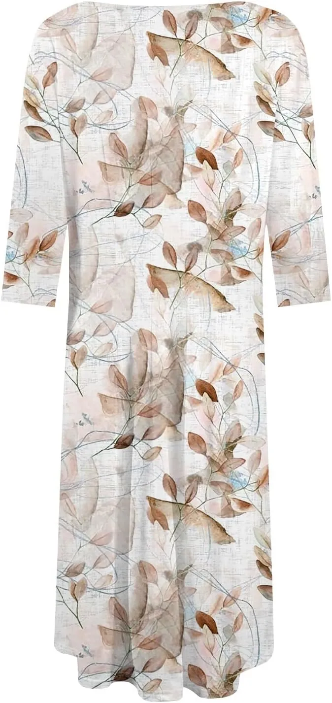 Women's Summer Casual Loose Trendy Crew Neck 3/4 Sleeve Floral Stripe Printed Boho Dress 2025 Plus Size, S-3XL