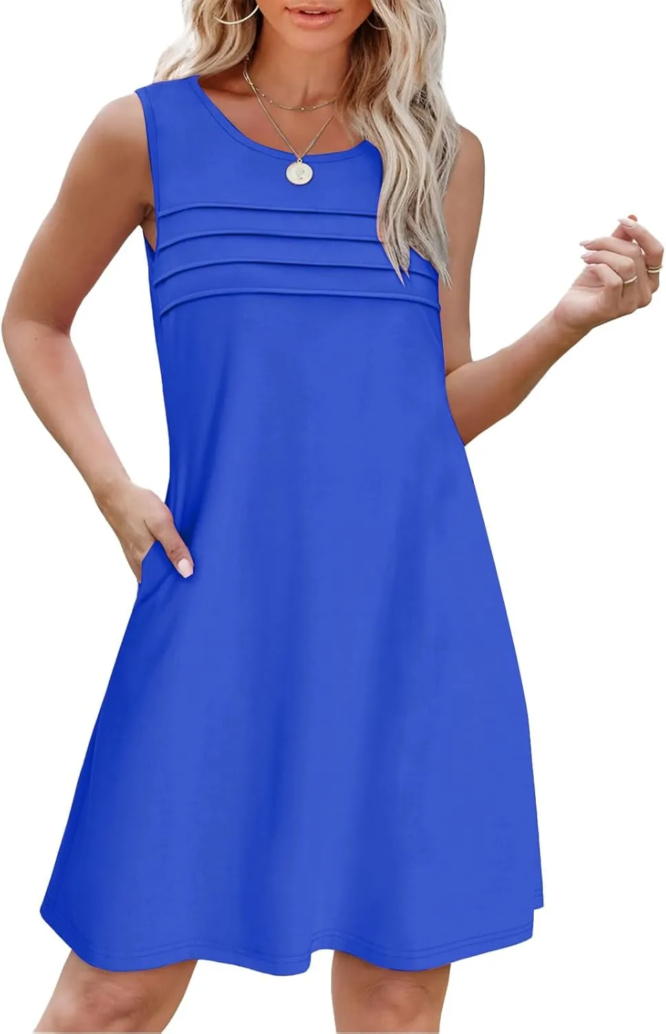 Womens Summer Casual Tank Dresses Pleated Front Sleeveless Crewneck Trendy Midi Dress Spring Fashion Beach Sundress