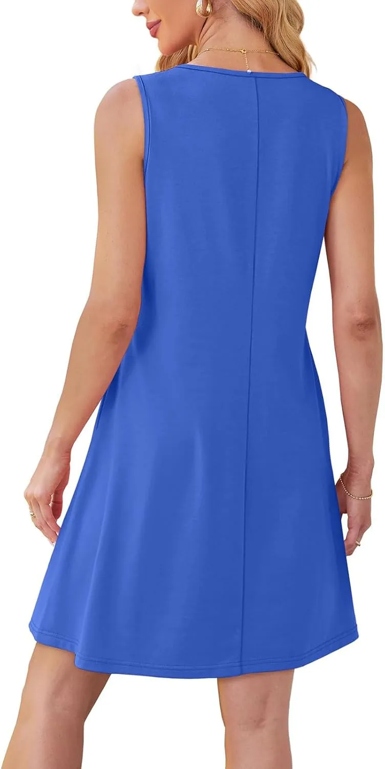 Womens Summer Casual Tank Dresses Pleated Front Sleeveless Crewneck Trendy Midi Dress Spring Fashion Beach Sundress