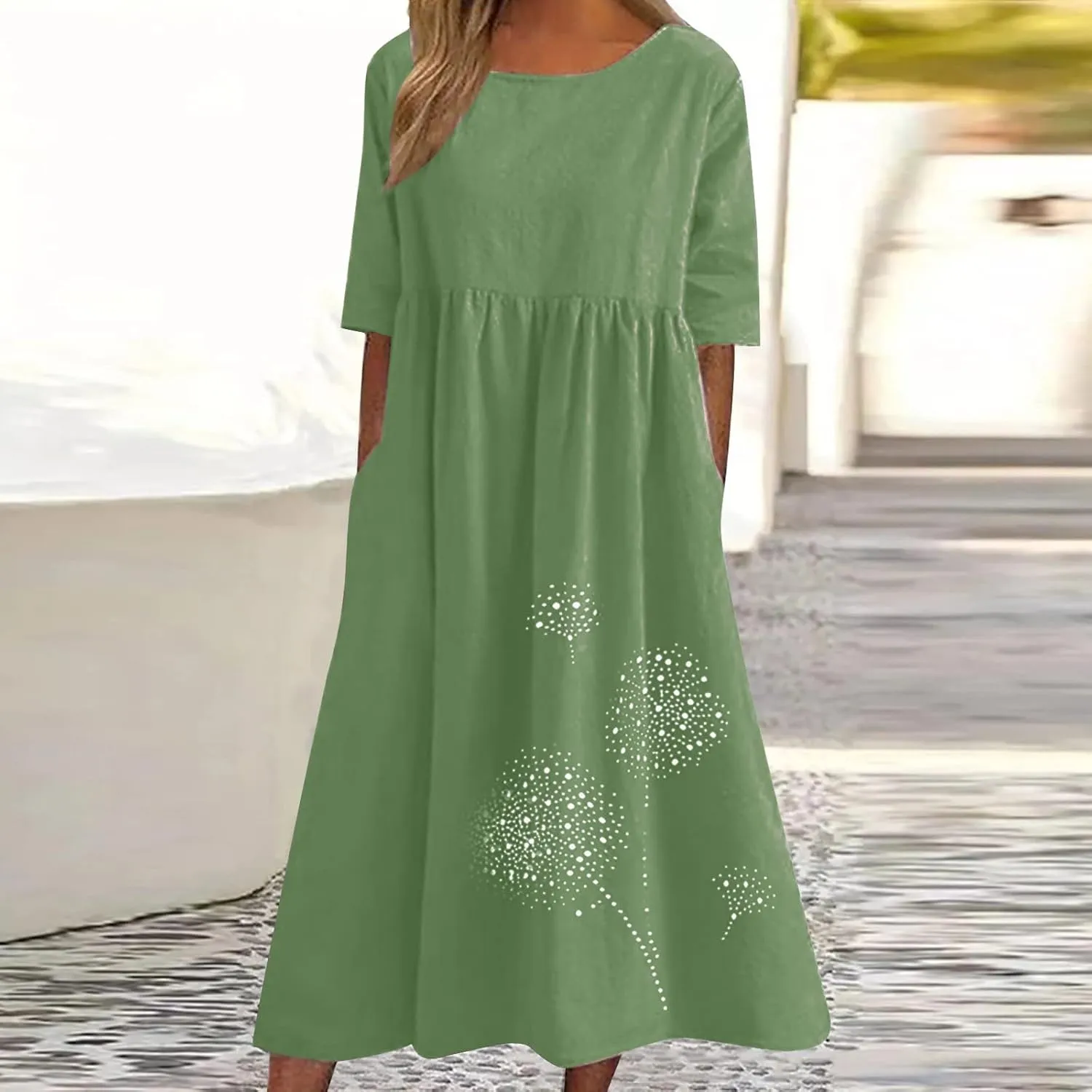 Womens Summer Cotton Linen Dresses Casual Short Sleeve Crew Neck Dress Trendy Loose Beach Sundress with Pockets