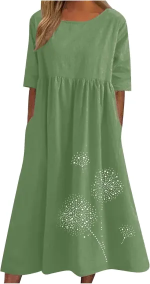 Womens Summer Cotton Linen Dresses Casual Short Sleeve Crew Neck Dress Trendy Loose Beach Sundress with Pockets