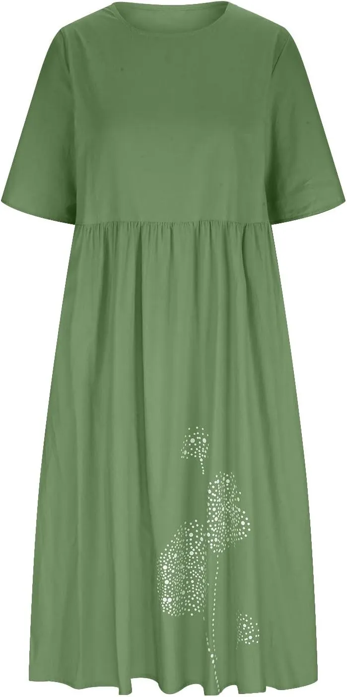 Womens Summer Cotton Linen Dresses Casual Short Sleeve Crew Neck Dress Trendy Loose Beach Sundress with Pockets