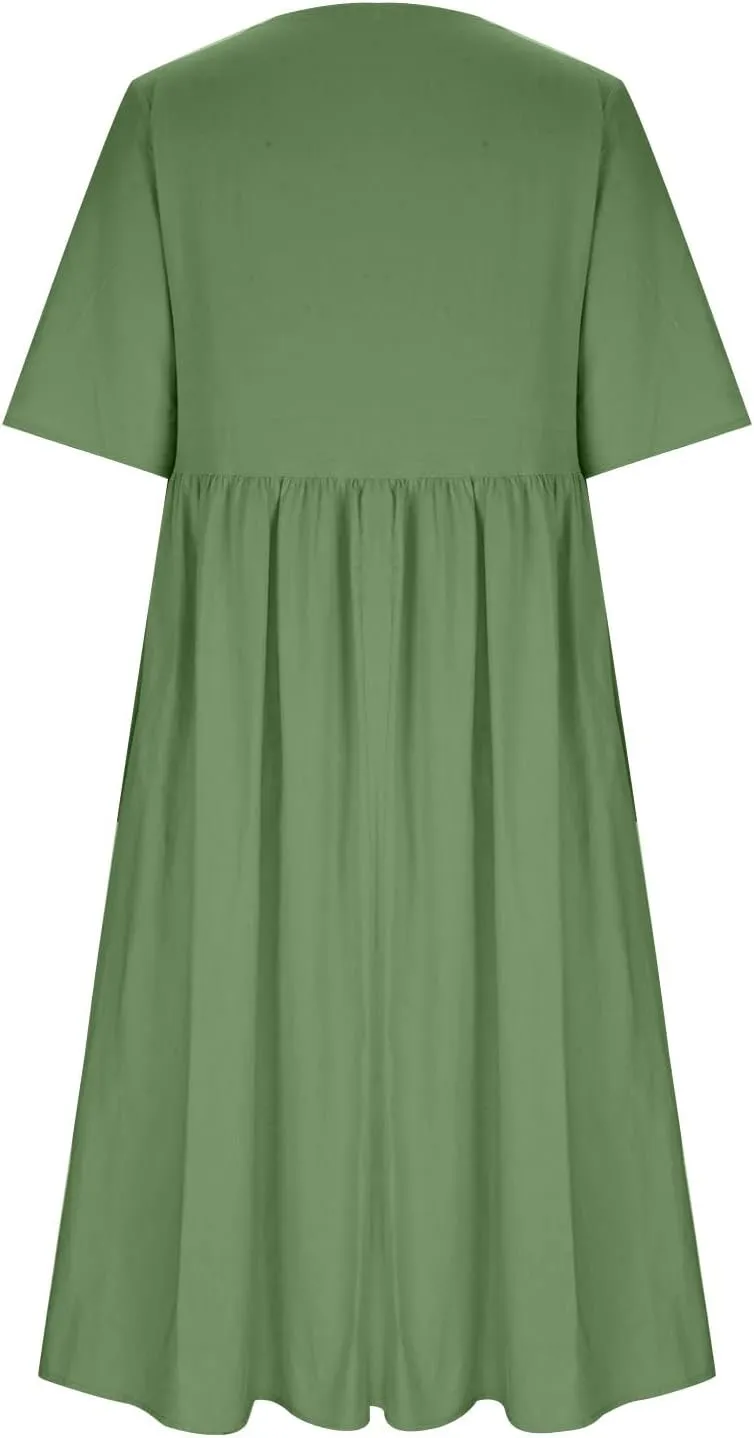 Womens Summer Cotton Linen Dresses Casual Short Sleeve Crew Neck Dress Trendy Loose Beach Sundress with Pockets
