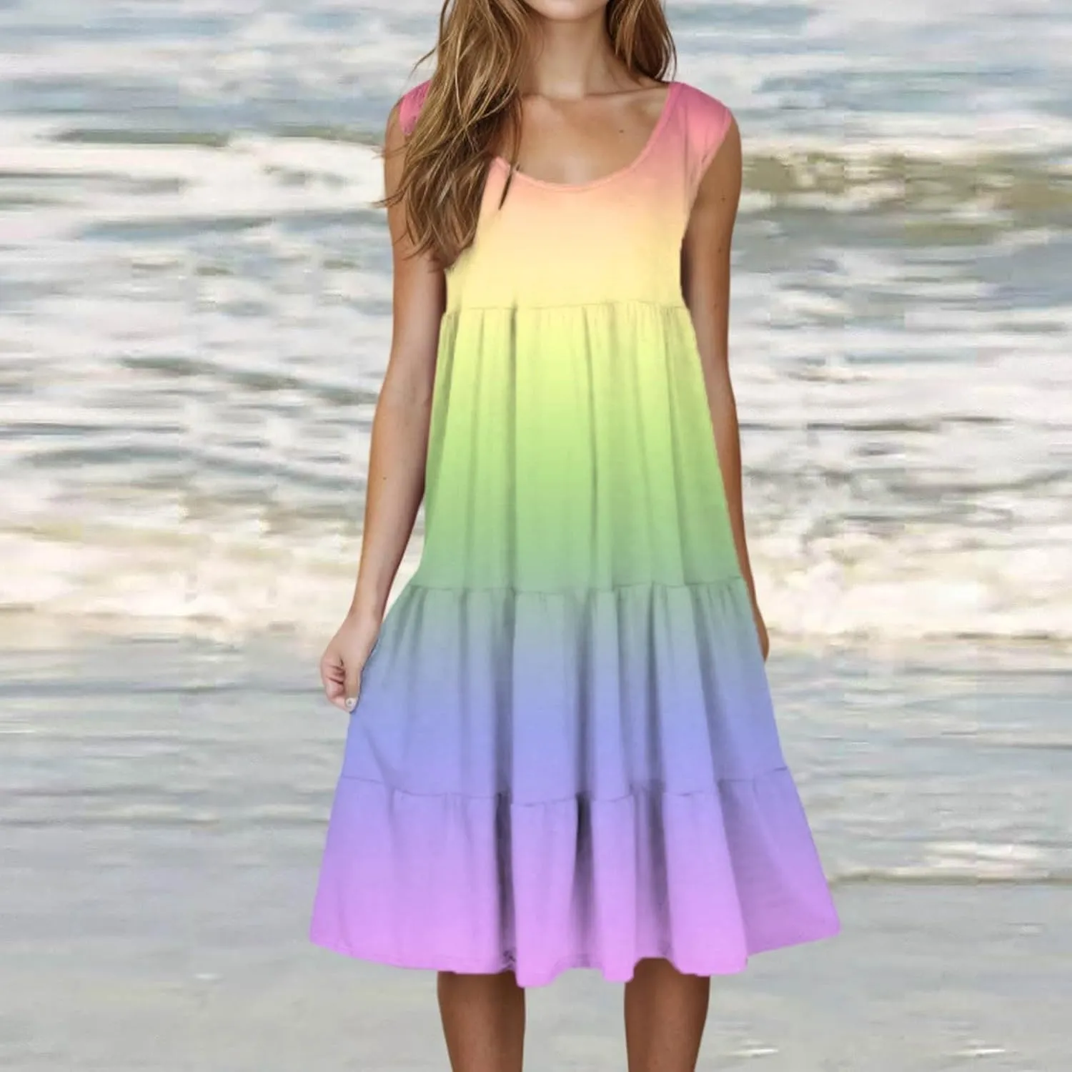 Women's Summer Dresses 2025 Beach Casual Sleeveless Crew Neck Midi Dress Loose Flowy A-Line Sundress