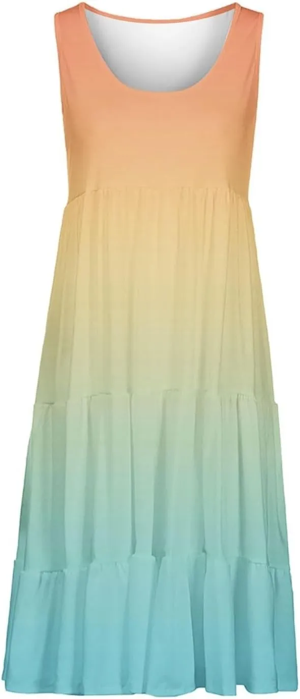 Women's Summer Dresses 2025 Beach Casual Sleeveless Crew Neck Midi Dress Loose Flowy A-Line Sundress