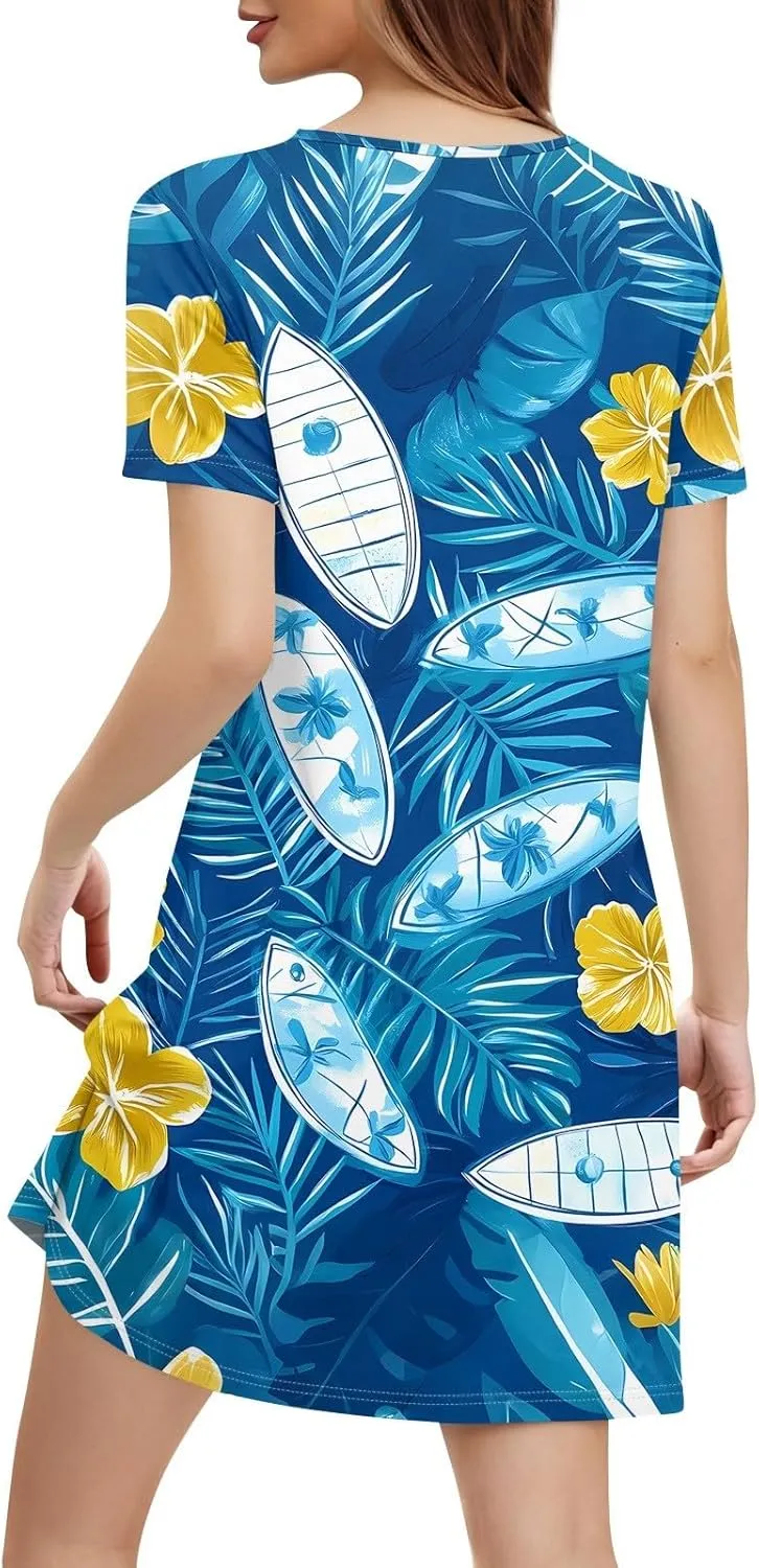 Womens Summer Dresses 2025 Casual Beach V Neck Sleeveless Sundresses Hawaiian Print Swimsuit Coverup with Pockets