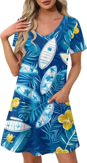 Womens Summer Dresses 2025 Casual Beach V Neck Sleeveless Sundresses Hawaiian Print Swimsuit Coverup with Pockets