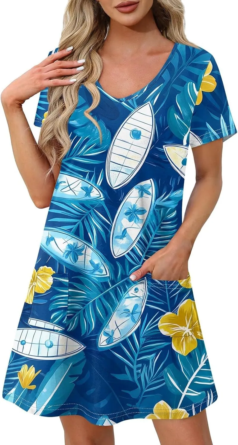 Womens Summer Dresses 2025 Casual Beach V Neck Sleeveless Sundresses Hawaiian Print Swimsuit Coverup with Pockets