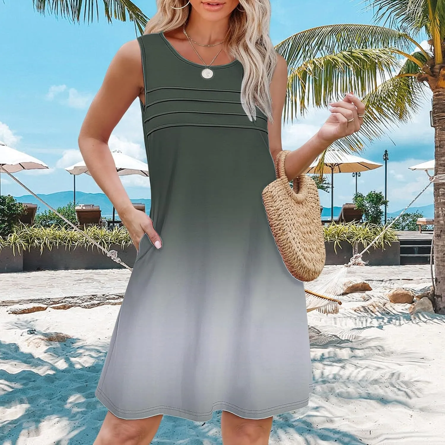 Womens Summer Dresses 2025 Vacation Sleeveless Tank Crewneck Loose Mini Dresses Spring Sundresses Beach Vacation Outfits