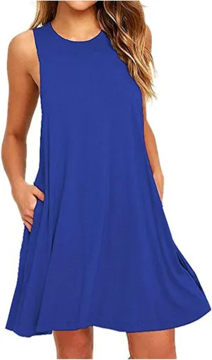 Womens Summer Dresses Casual Sleeveless Swing Tshirt Dress Loose Beach Cover Up T-Shirt Tank Sundress with Pocket