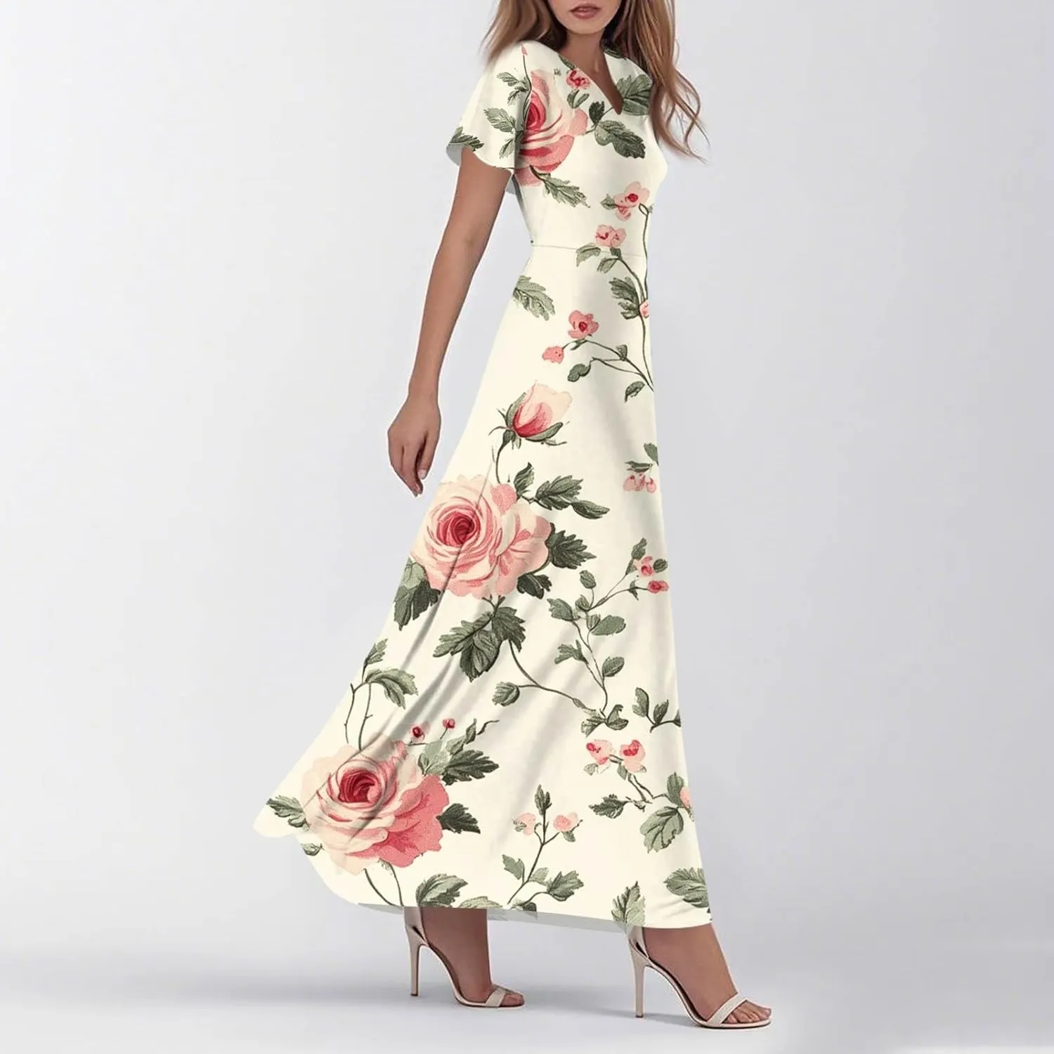Womens Summer Dresses Casual V-Neck Short Sleeve Floral Maxi Dress, High Waist Big Swing Loose Long Beach Sundress