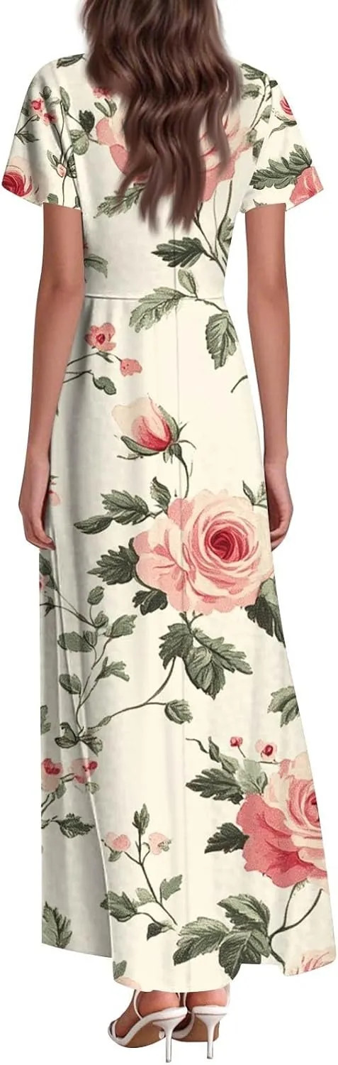 Womens Summer Dresses Casual V-Neck Short Sleeve Floral Maxi Dress, High Waist Big Swing Loose Long Beach Sundress