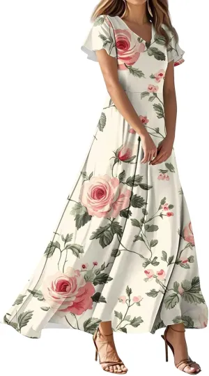Womens Summer Dresses Casual V-Neck Short Sleeve Floral Maxi Dress, High Waist Big Swing Loose Long Beach Sundress