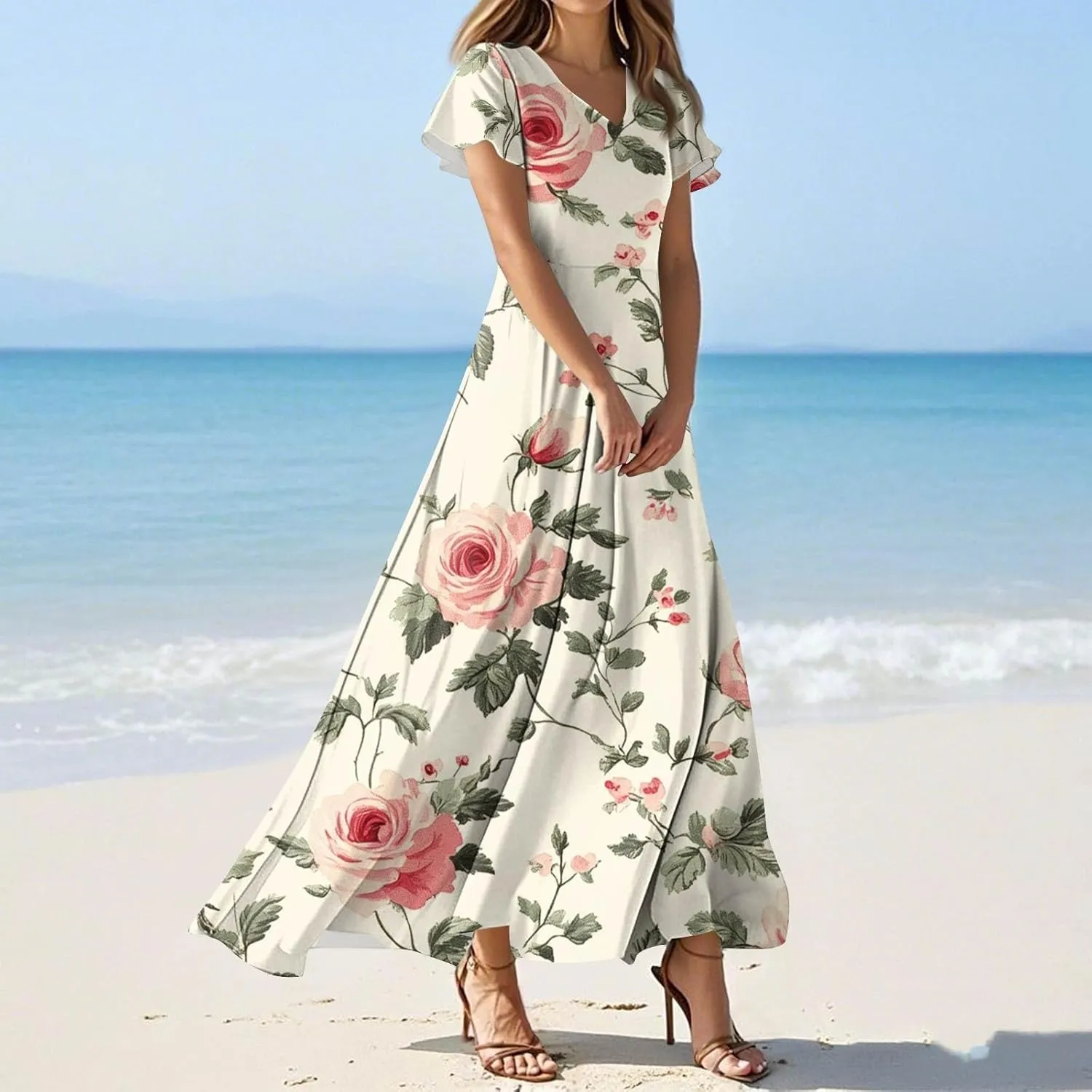 Womens Summer Dresses Casual V-Neck Short Sleeve Floral Maxi Dress, High Waist Big Swing Loose Long Beach Sundress