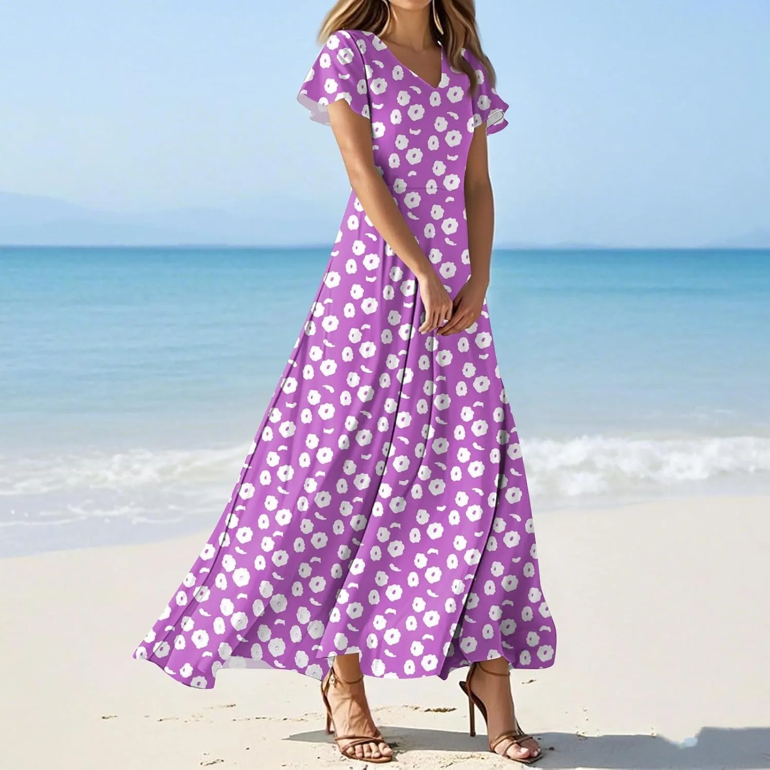Women's Summer Dresses Casual V-Neck Short Sleeve Maxi Dress, High Waist Big Swing Loose Long Beach Sundress