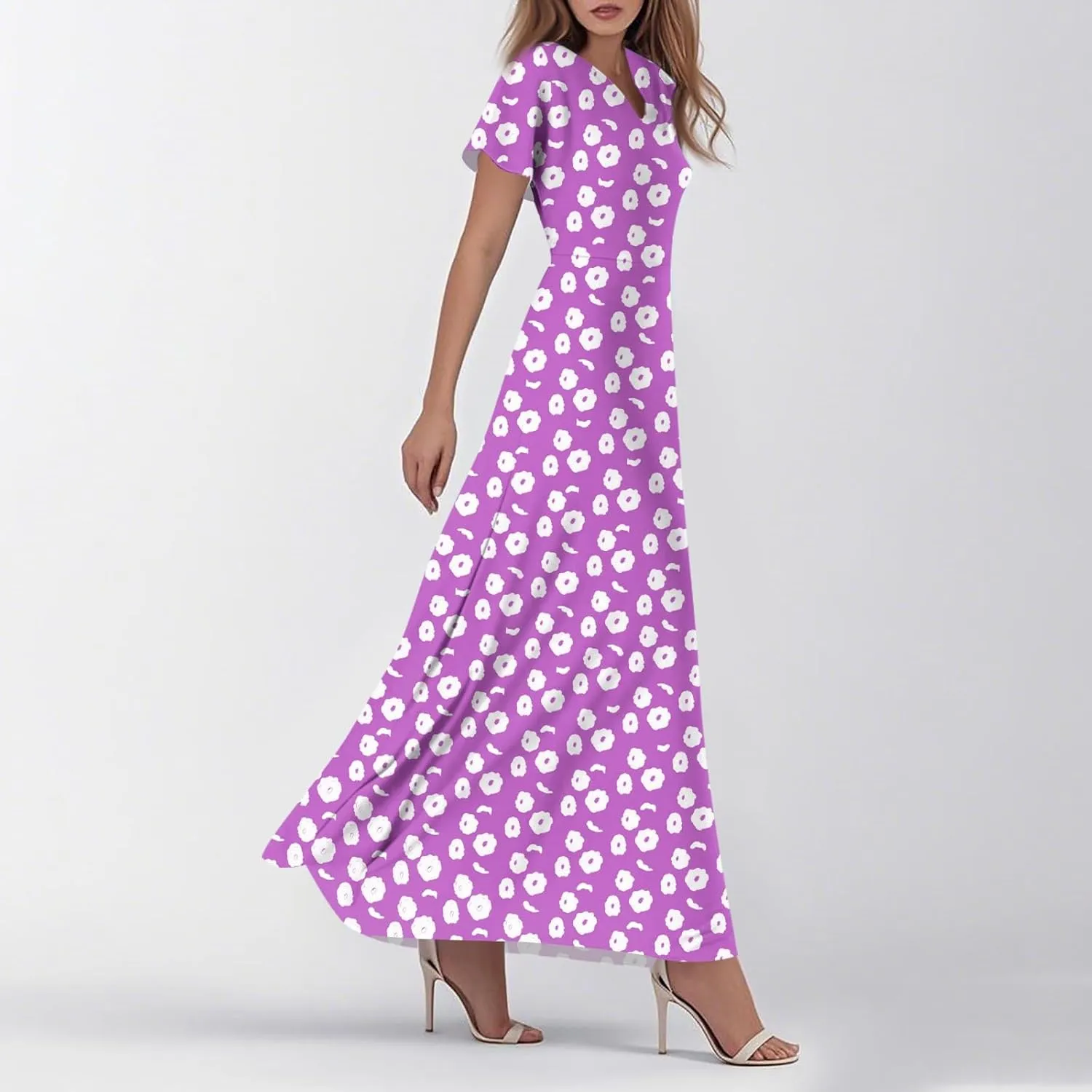 Women's Summer Dresses Casual V-Neck Short Sleeve Maxi Dress, High Waist Big Swing Loose Long Beach Sundress
