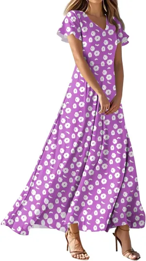 Women's Summer Dresses Casual V-Neck Short Sleeve Maxi Dress, High Waist Big Swing Loose Long Beach Sundress