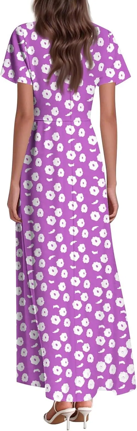 Women's Summer Dresses Casual V-Neck Short Sleeve Maxi Dress, High Waist Big Swing Loose Long Beach Sundress