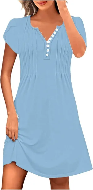 Womens Summer Dresses Pleated Front Button Round Neck Short Sleeve Casual Loose Beach Vacation Mini Dress