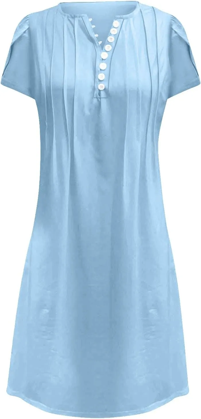 Womens Summer Dresses Pleated Front Button Round Neck Short Sleeve Casual Loose Beach Vacation Mini Dress