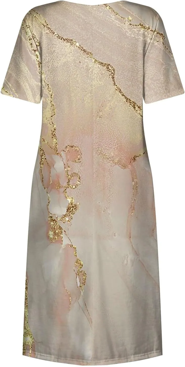 Womens Summer Dresses Printed O Neck Boho Dress Short Sleeve Pleated Beach Dress Flowy Long Dress with Pocket
