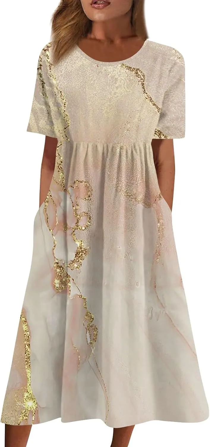 Womens Summer Dresses Printed O Neck Boho Dress Short Sleeve Pleated Beach Dress Flowy Long Dress with Pocket