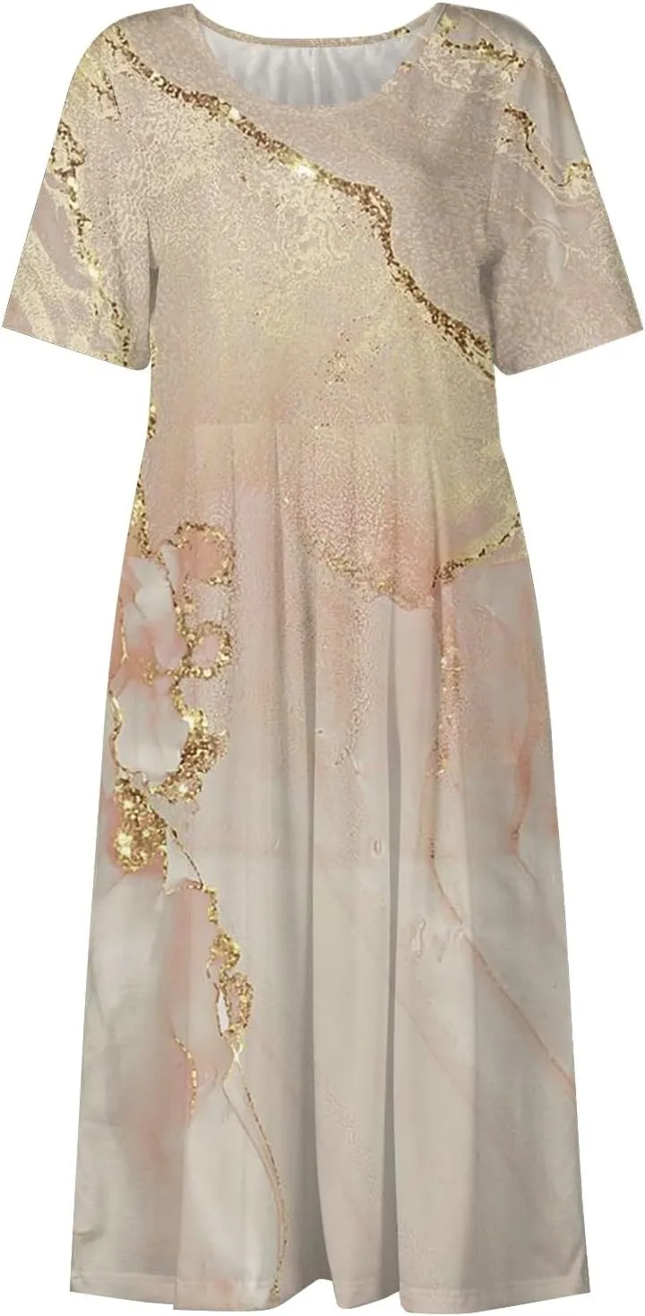 Womens Summer Dresses Printed O Neck Boho Dress Short Sleeve Pleated Beach Dress Flowy Long Dress with Pocket