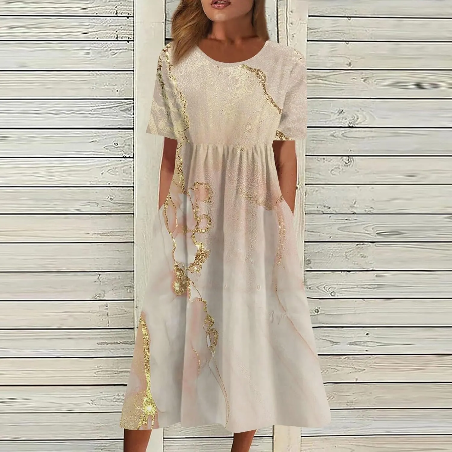 Womens Summer Dresses Printed O Neck Boho Dress Short Sleeve Pleated Beach Dress Flowy Long Dress with Pocket