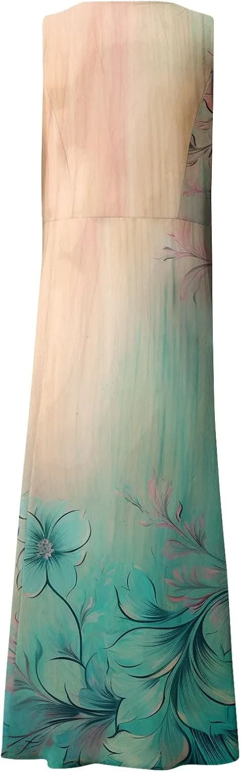 Womens Summer Dresses Sleeveless Floral Print Boho Dress U Neck A-Line Sundress Trendy Beach Dress with Pockets