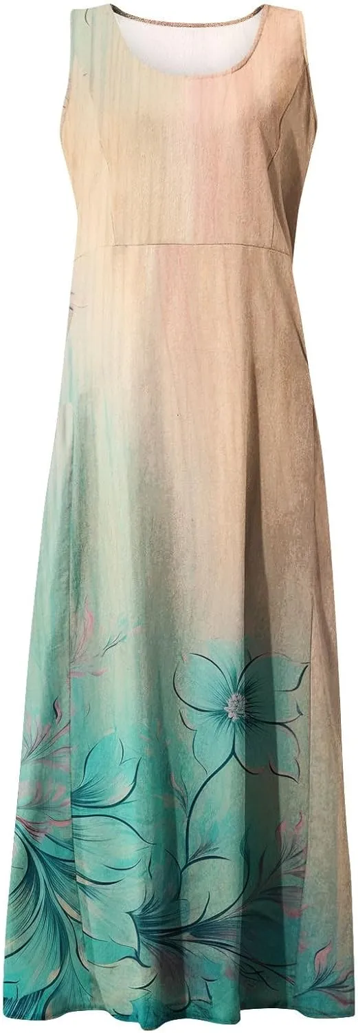 Womens Summer Dresses Sleeveless Floral Print Boho Dress U Neck A-Line Sundress Trendy Beach Dress with Pockets