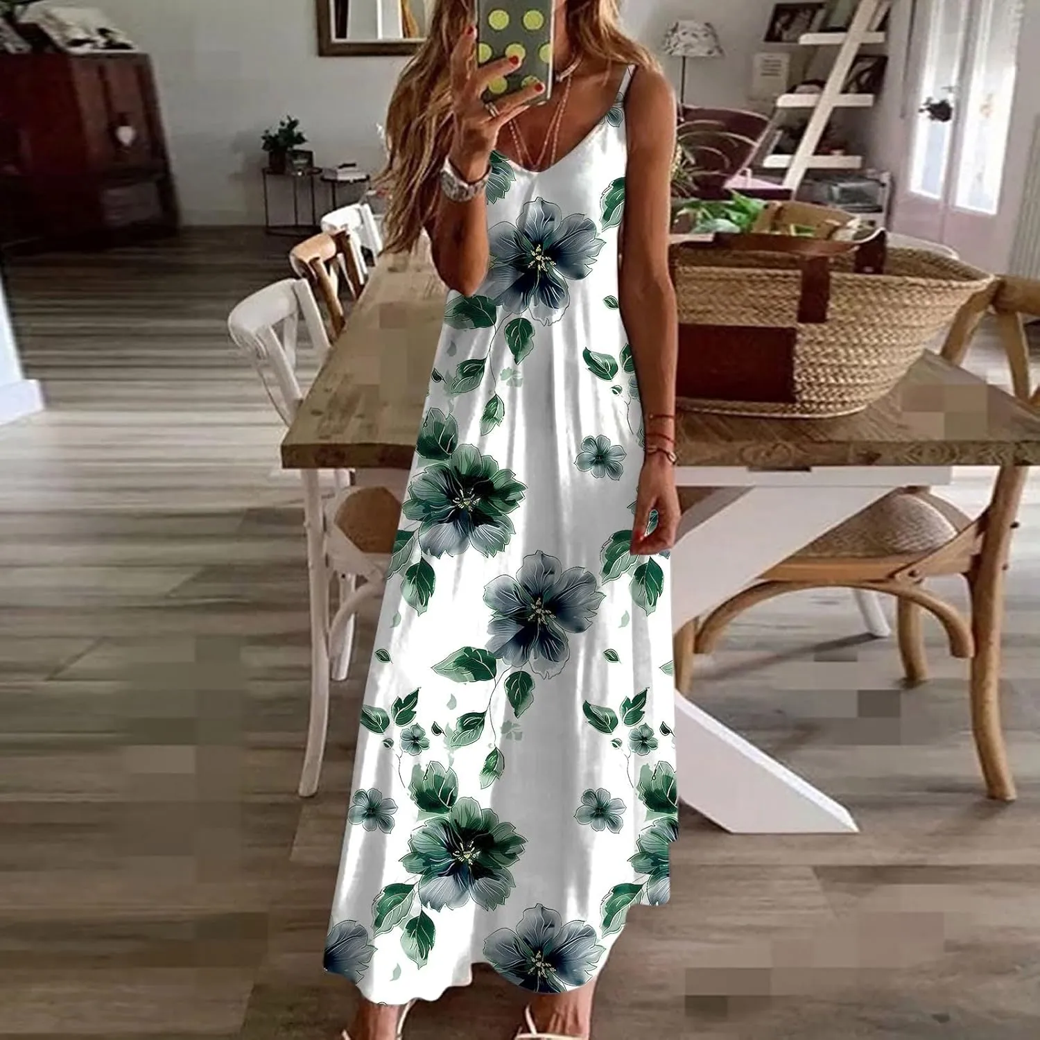 Womens Summer Dresses Spaghetti Strap Floral Maxi Dress Boho Beach Vacation Sundresses Spring Cruise Dress