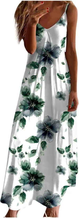 Womens Summer Dresses Spaghetti Strap Floral Maxi Dress Boho Beach Vacation Sundresses Spring Cruise Dress